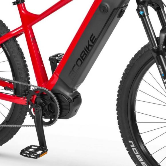 червен ел велосипед за планина с голям пробег и багажник ecobike rx500